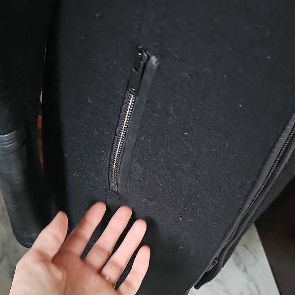 Women's Black Leather And Wool 3/4 Length Coat - Picture 4 of 10